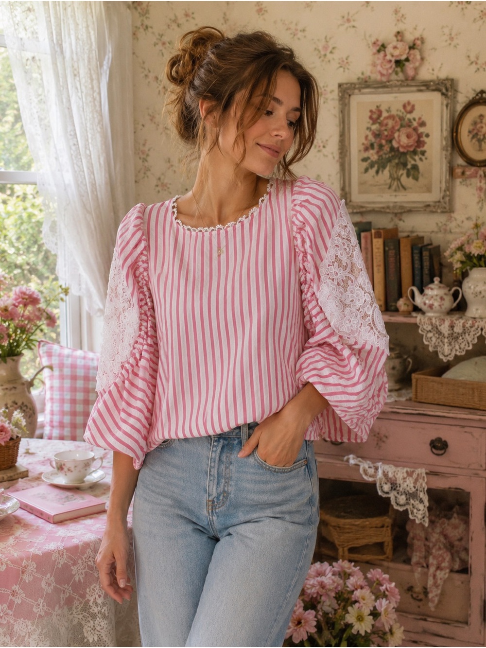 NWT Umgee Pink & Ivory Striped Lace Sleeve Blouse